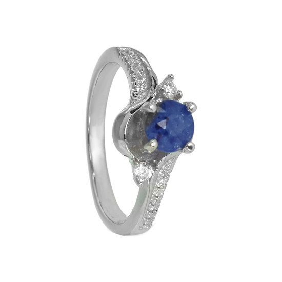 Sterling Silver Sapphire & CZ Ring Rhodium plated