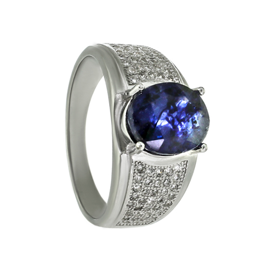 Royal Sapphire & CZ Rh plated Ring