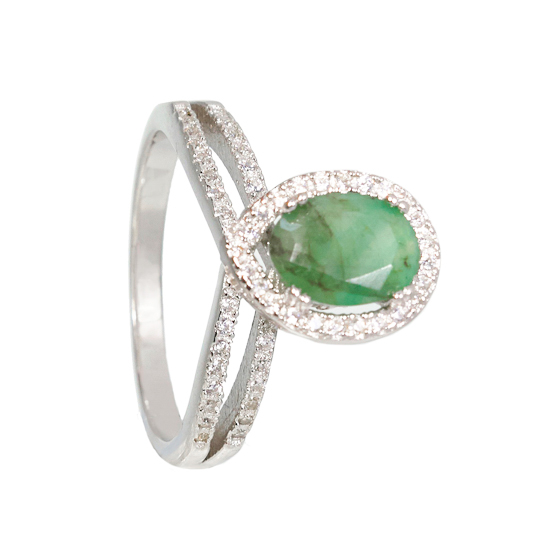 Sterling Silver Oval Emerald & CZ Ring Rhodium plated