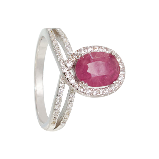 Sterling Silver Oval Ruby & CZ Ring Rhodium plated