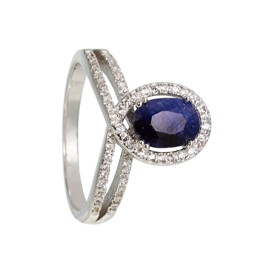 Sterling Silver Oval Sapphire & CZ Ring Rhodium plated