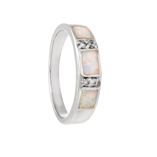 White Opal Ring with Rhodium Plating