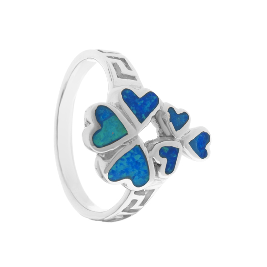 Blue Opal Hearts Rhodium plated Ring
