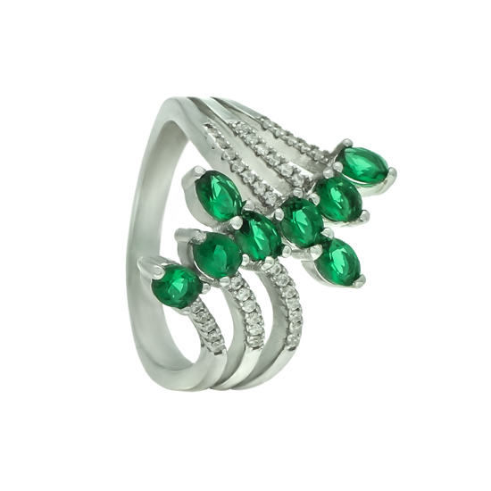 Green & White CZ Rhodium plated Ring 