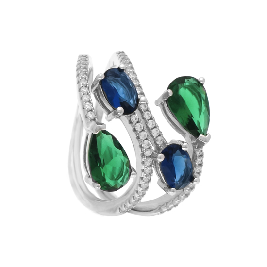 Green & Blue CZ Rhodium plated Ring 