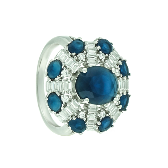 Blue & White CZ Rhodium plated Ring
