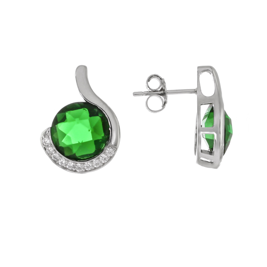 Green Curl CZ Earrings Rhodium plated